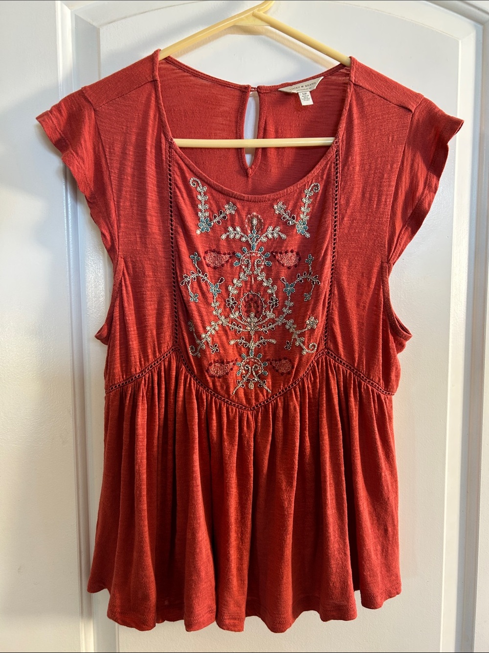 Lucky Brand Rust Red Embroidered Cap-Sleeve Peplum Tunic